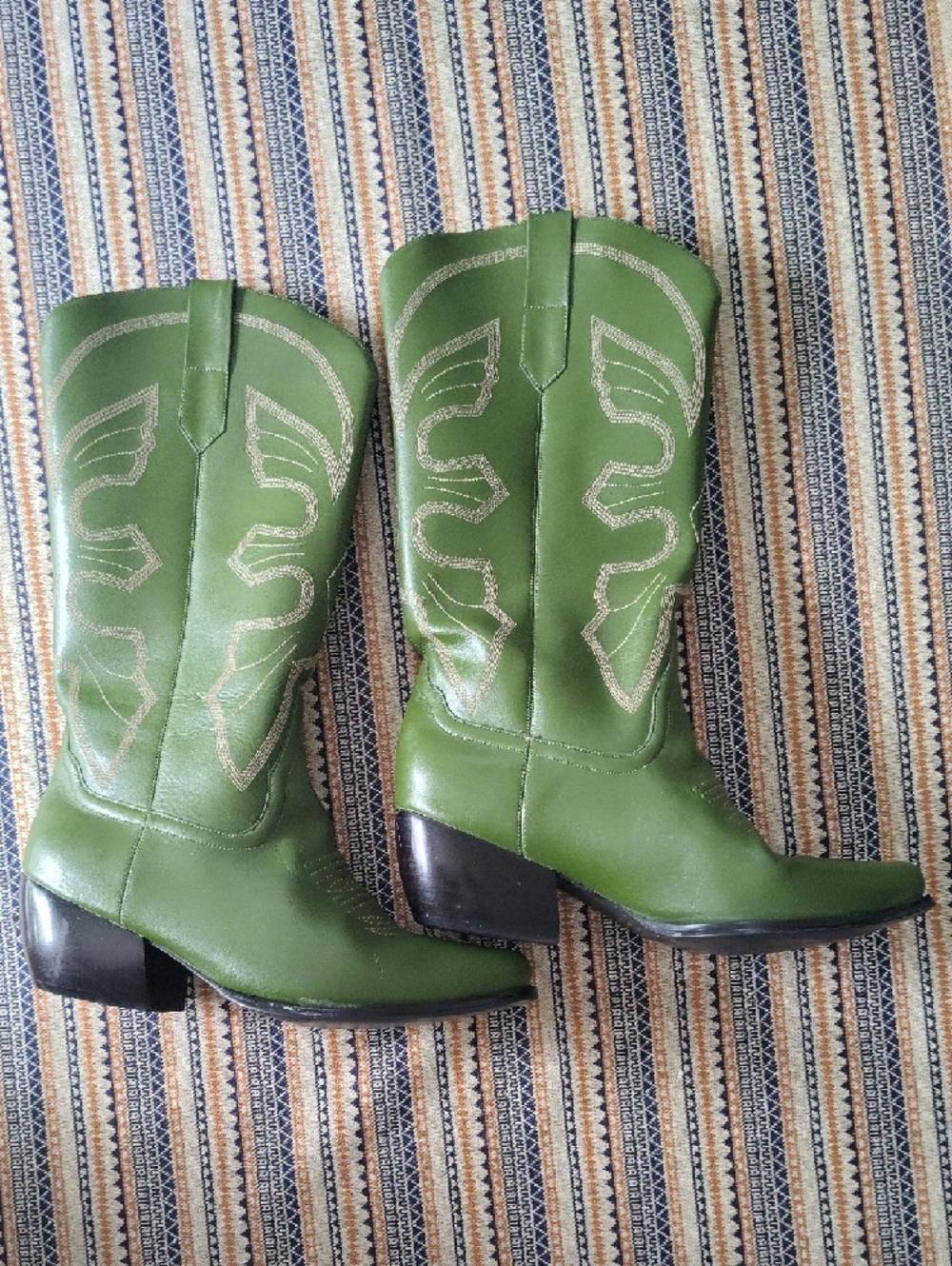 Y2K Newport News Olive Green Western Cowboy Boots Contrast Stitch Mid Calf 7.5 - Picture 5 of 11